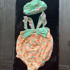 Flamingo Print Baby Swimsuit with Cap